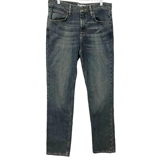 WRANGLER STRAIGHT LEG HI-RISE BLUE JEANS, MENS, 32/34 SLIM-DISTRESSED DENIM BLUE - Picture 1 of 11